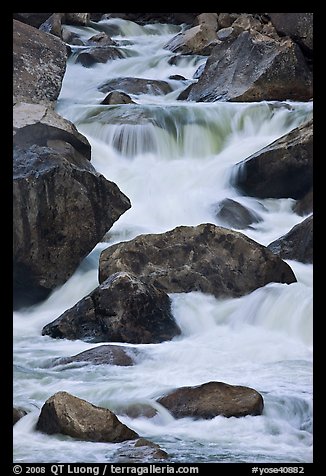 Boulders and rapids, Lower Merced Canyon. Yosemite National Park, California, USA.