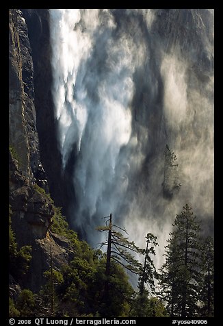 Bridalveil fall with water sprayed by wind gusts. Yosemite National Park, California, USA.