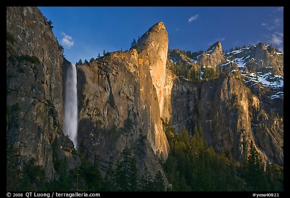 Bridalveil falls and Leaning Tower, sunset. Yosemite National Park, California, USA.