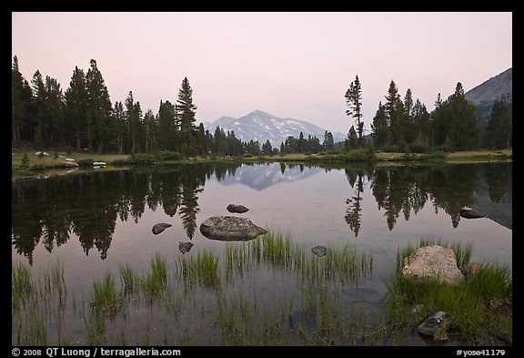 Alpine tarn near Tioga Pass and reflections at sunset. Yosemite National Park (color)