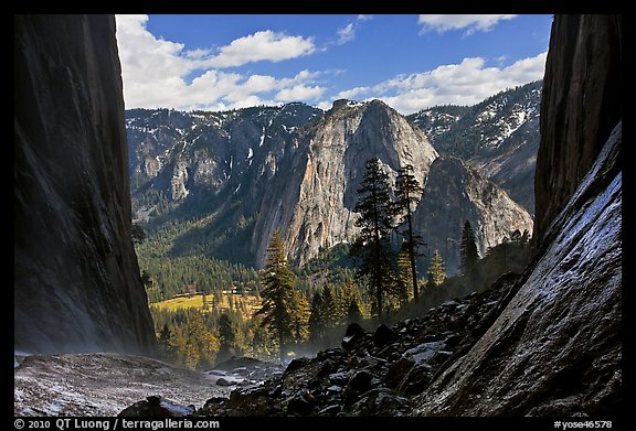 Cathedral Rocks and El Capitan Meadows from base of Ribbon Falls. Yosemite National Park, California, USA.