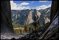 Cathedral Rocks and El Capitan Meadows from base of Ribbon Falls. Yosemite National Park, California, USA.