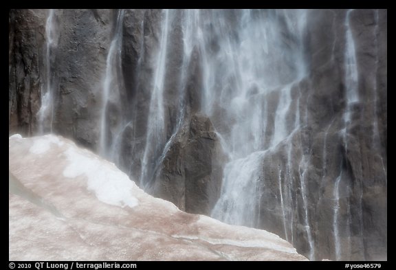 Neve at the base of Ribbon Falls. Yosemite National Park, California, USA.