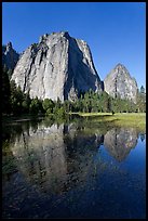 Cathedral Rocks reflected in flooded El Capitan Meadow. Yosemite National Park, California, USA.
