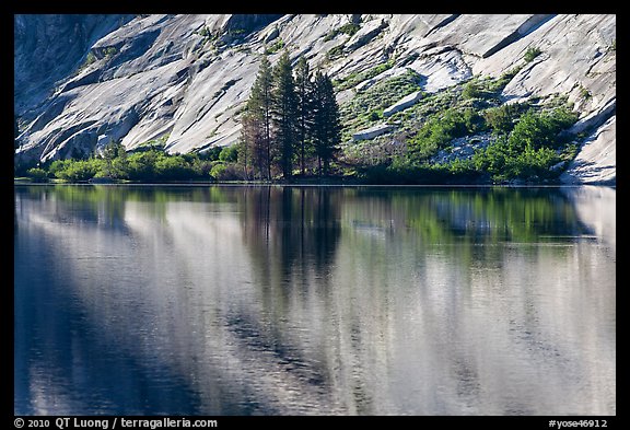 Trees and granite slabs reflected, Merced Lake. Yosemite National Park, California, USA.