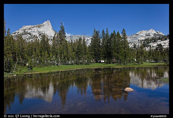 Cathedral range reflected in stream. Yosemite National Park, California, USA.