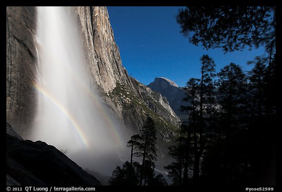 Double spray lunar rainbow, Upper Yosemite Falls and Half-Dome. Yosemite National Park, California, USA.