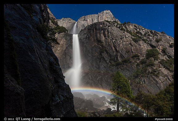 White rainbow at the base of Yosemite Falls. Yosemite National Park, California, USA.