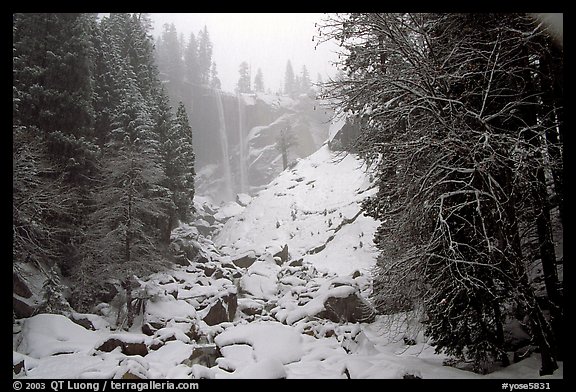 Vernal Falls in winter with fresh snow. Yosemite National Park, California, USA.