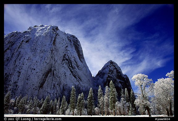 Cathedral rocks covered in snow and ice, winter  morning. Yosemite National Park, California, USA.