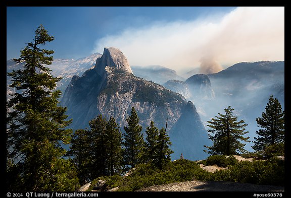 Half Dome from Glacier Point with wildfire. Yosemite National Park (color)