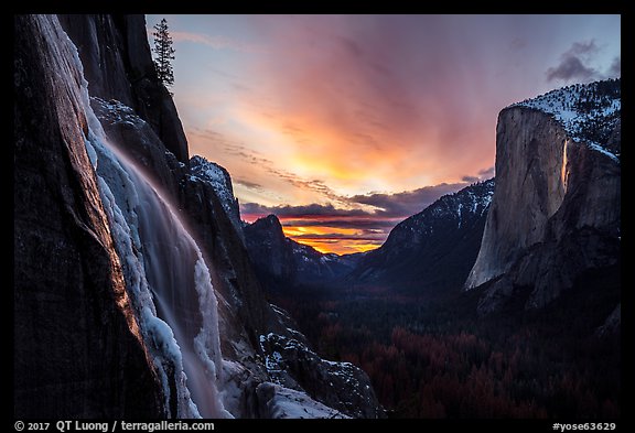 Seasonal waterfall, Yosemite Valley, and Horsetail Fall firefall. Yosemite National Park (color)