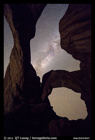 Milky Way appearing above Double Arch. Arches National Park, Utah, USA.