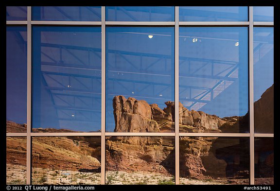 Cliffs, Visitor Center window reflexion. Arches National Park (color)