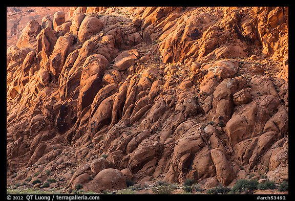 Jumble of boulders on slope. Arches National Park, Utah, USA.