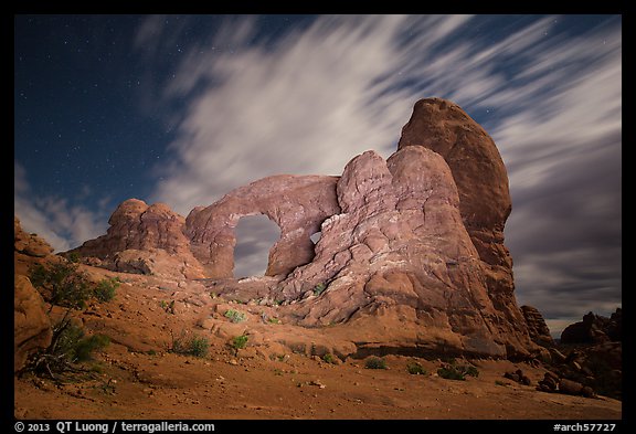 Turret Arch at night, lit by light. Arches National Park (color)