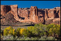 Courthouse wash and Courthouse towers in autumn. Arches National Park, Utah, USA. (color)