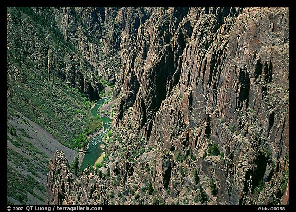 Rock spires and Gunisson River from above. Black Canyon of the Gunnison National Park, Colorado, USA.