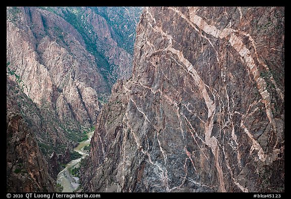 Sheer cliff with flourishes of crystalline pegmatite. Black Canyon of the Gunnison National Park, Colorado, USA.