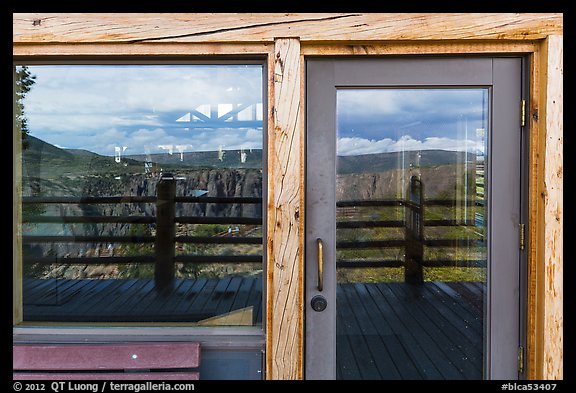 Canyon, South Rim visitor center window reflexion. Black Canyon of the Gunnison National Park, Colorado, USA.