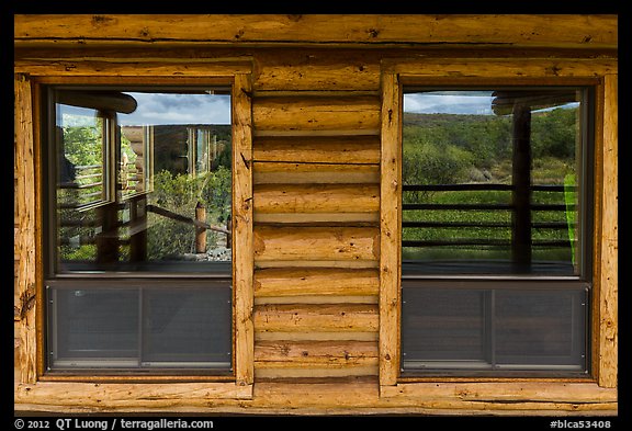Oak Flats, South Rim visitor center window reflexion. Black Canyon of the Gunnison National Park, Colorado, USA.