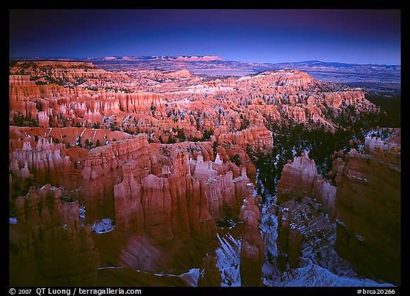 View of Bryce Amphitheater hoodoos from Sunset Point at dusk. Bryce Canyon National Park, Utah, USA.