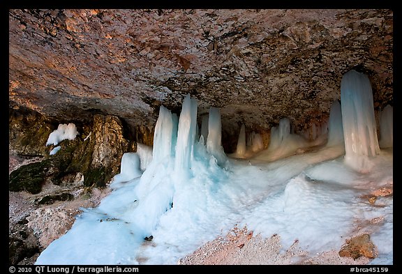 Thick ice columns in Mossy Cave. Bryce Canyon National Park, Utah, USA.