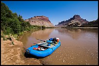 Raft on banks of the Colorado River. Canyonlands National Park, Utah, USA.
