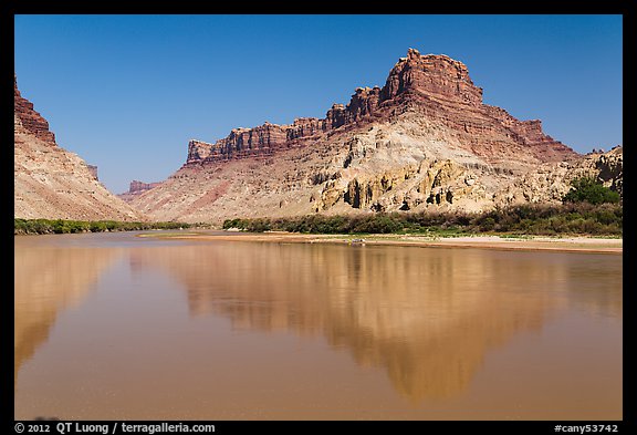 Colorado River at Spanish Bottom with camp in distance. Canyonlands National Park, Utah, USA.