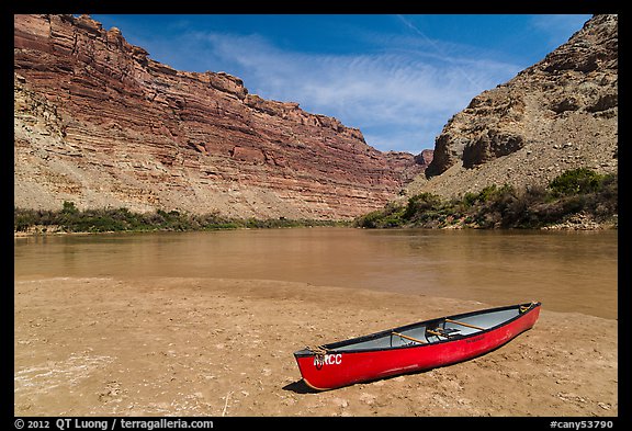 Red Canoe on beach near Confluence. Canyonlands National Park (color)