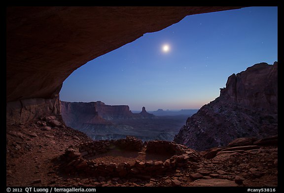 False Kiva and moon at night. Canyonlands National Park, Utah, USA.