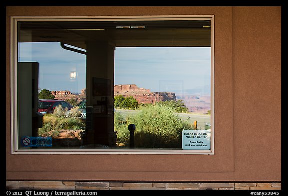 Canyons, Island in the Sky Visitor Center window reflexion. Canyonlands National Park, Utah, USA.