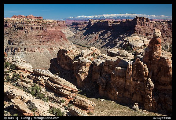 Surprise Valley, Colorado River, and snowy mountains. Canyonlands National Park, Utah, USA.