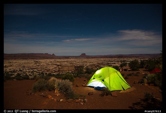 Tent overlooking the Maze at night. Canyonlands National Park, Utah, USA.