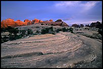 Sandstone swirls and Needles with last light, the Needles. Canyonlands National Park, Utah, USA. (color)