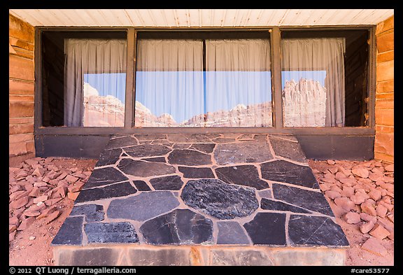 The Castle, Visitor Center window reflexion. Capitol Reef National Park, Utah, USA.