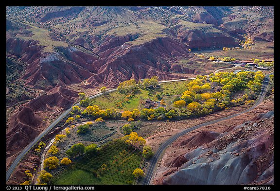 Fruita historic orchards from above in autumn. Capitol Reef National Park, Utah, USA.