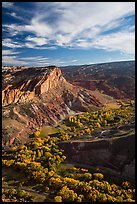 Waterpocket Fold  and orchards in the fall from Rim Overlook. Capitol Reef National Park, Utah, USA. (color)