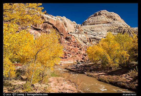 Fremont River and Capitol Dome in autumn. Capitol Reef National Park, Utah, USA.