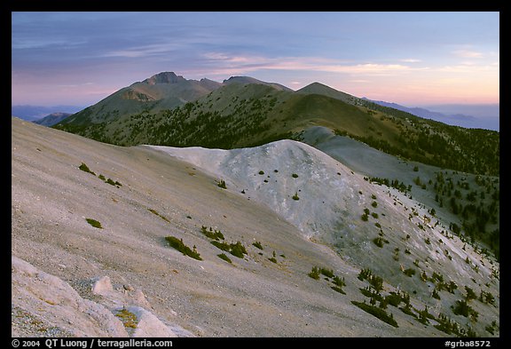 Wheeler Peak and Snake range seen from Mt Washington, dusk. Great Basin National Park, Nevada, USA.