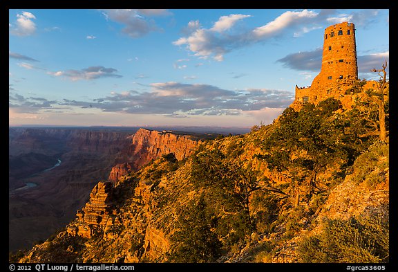 Indian Watchtower and canyon at sunset. Grand Canyon National Park, Arizona, USA.