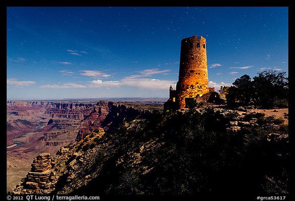 Desert View Watchtower and moonlit canyon. Grand Canyon National Park, Arizona, USA.