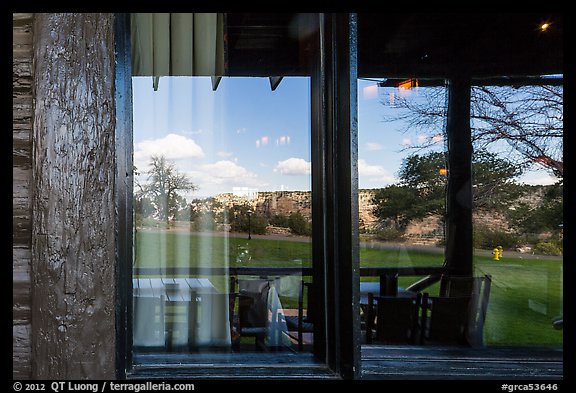 South Rim, El Tovar Hotel restaurant window reflexion. Grand Canyon National Park, Arizona, USA.