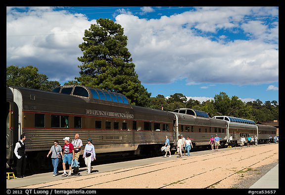 Passengers board Grand Canyon train. Grand Canyon National Park (color)