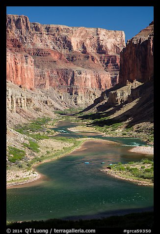 Distant rafts on the Colorado River. Grand Canyon National Park, Arizona, USA.