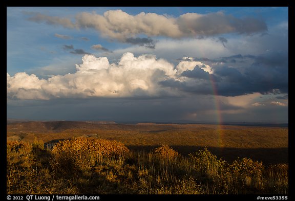 Rainbow and thunderstorm clouds over mesa. Mesa Verde National Park, Colorado, USA.