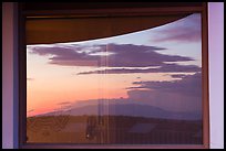 Mesa at sunset, Far View visitor center window reflexion. Mesa Verde National Park, Colorado, USA. (color)
