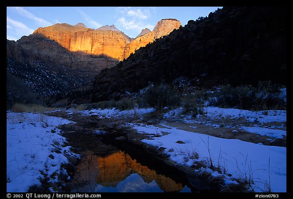 Pine Creek and Towers of the Virgin, sunrise. Zion National Park, Utah, USA.