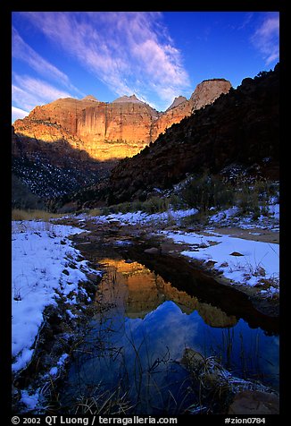 Pine Creek and Towers of the Virgin, sunrise. Zion National Park, Utah, USA.