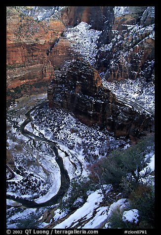 Virgin river and Canyon walls from the summit of Angel's landing in winter. Zion National Park, Utah, USA.